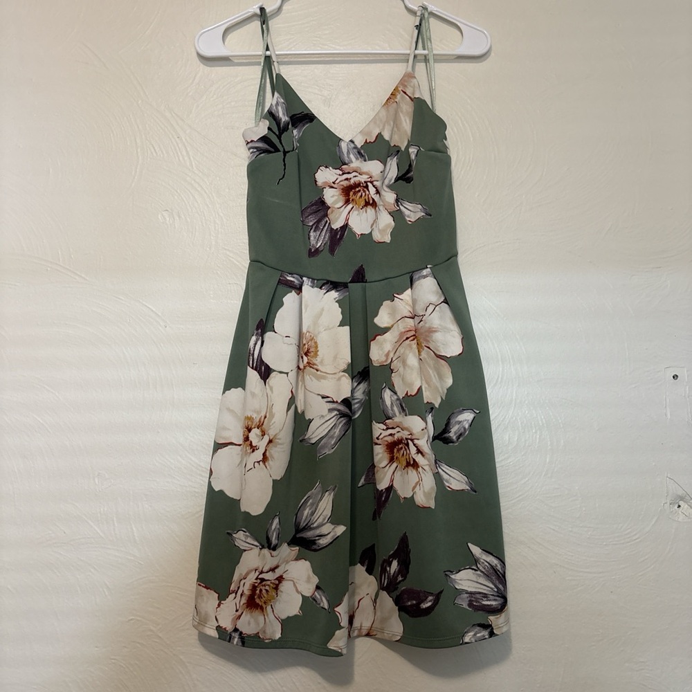 Monteau Sage Green Floral Slip Dress with Cream and Coral Accents